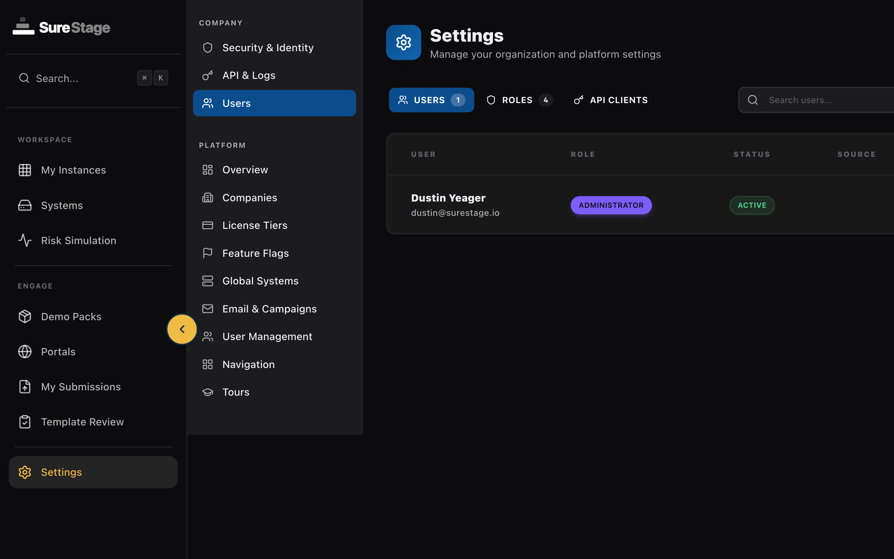 SureStage enterprise governance panel showing RBAC settings, audit logs, and SSO configuration