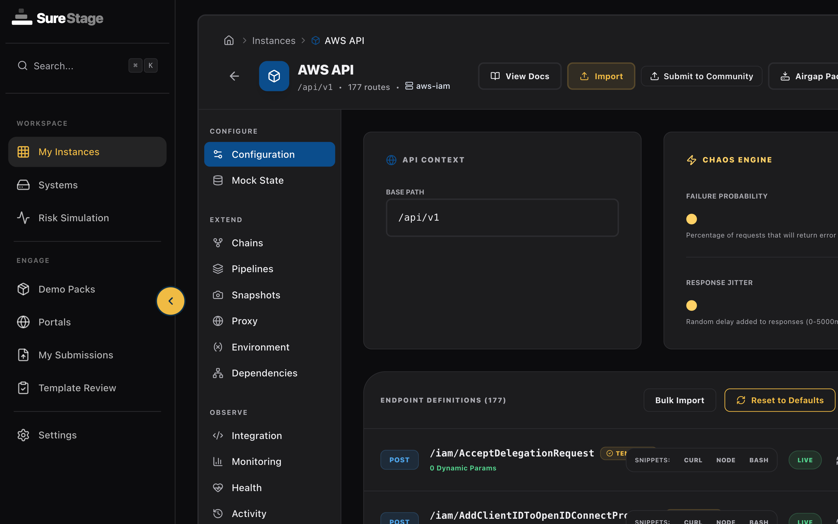 SureStage environment detail view showing routes, responses, and 1-click reset