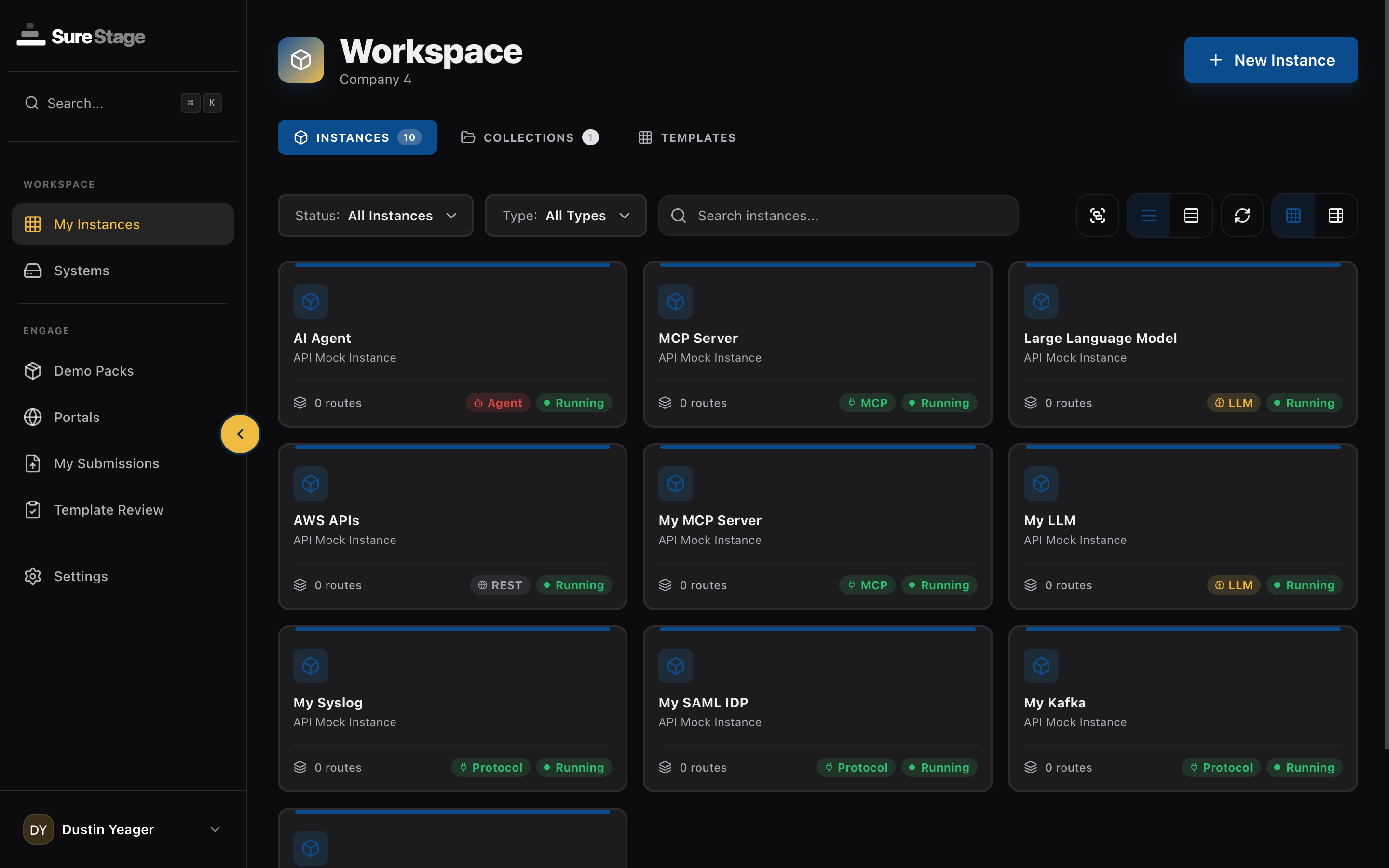 SureStage dashboard showing simulated environments, routes, and protocol coverage