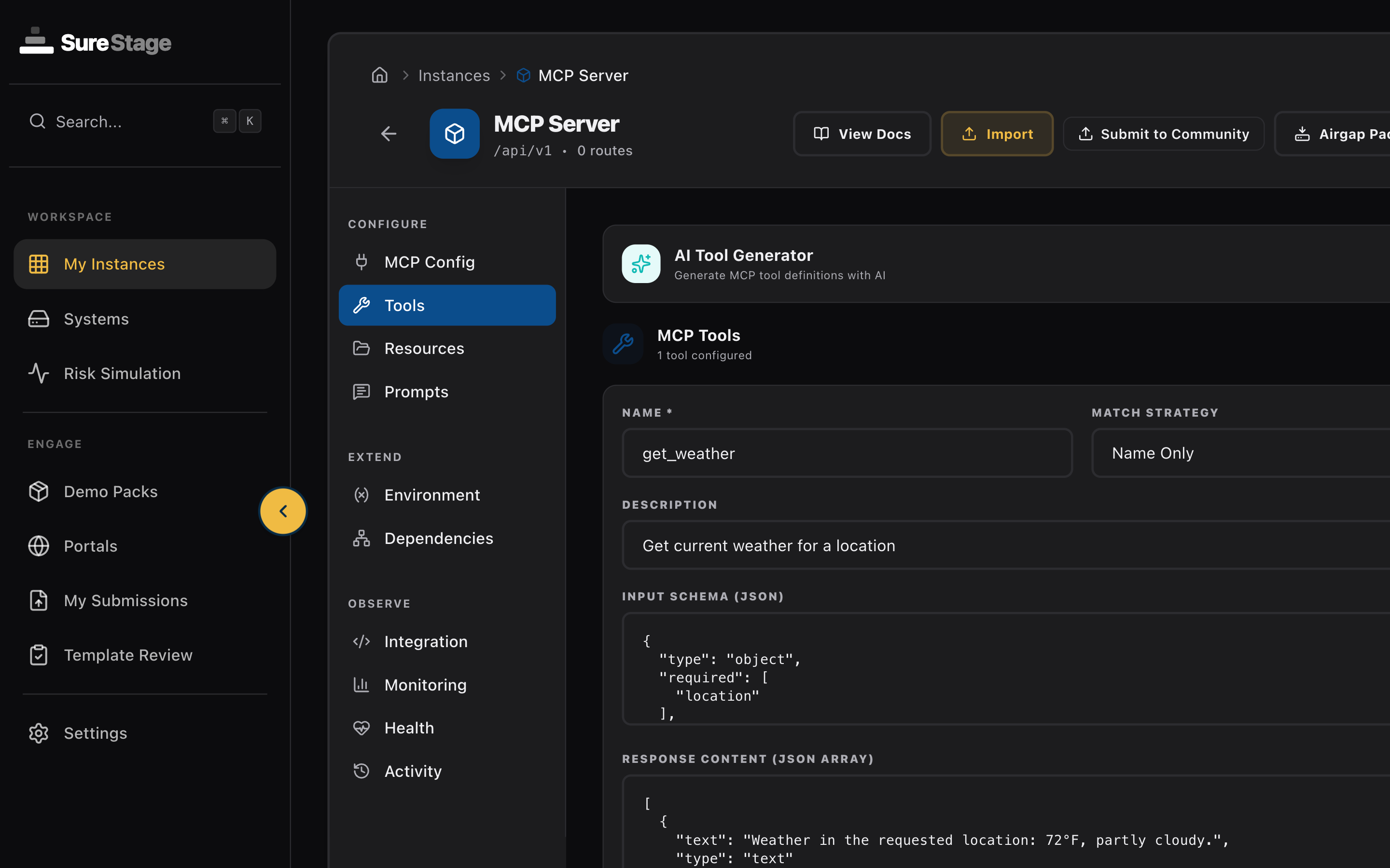 MCP server simulation configuration showing tool definitions, response settings, and token tracking